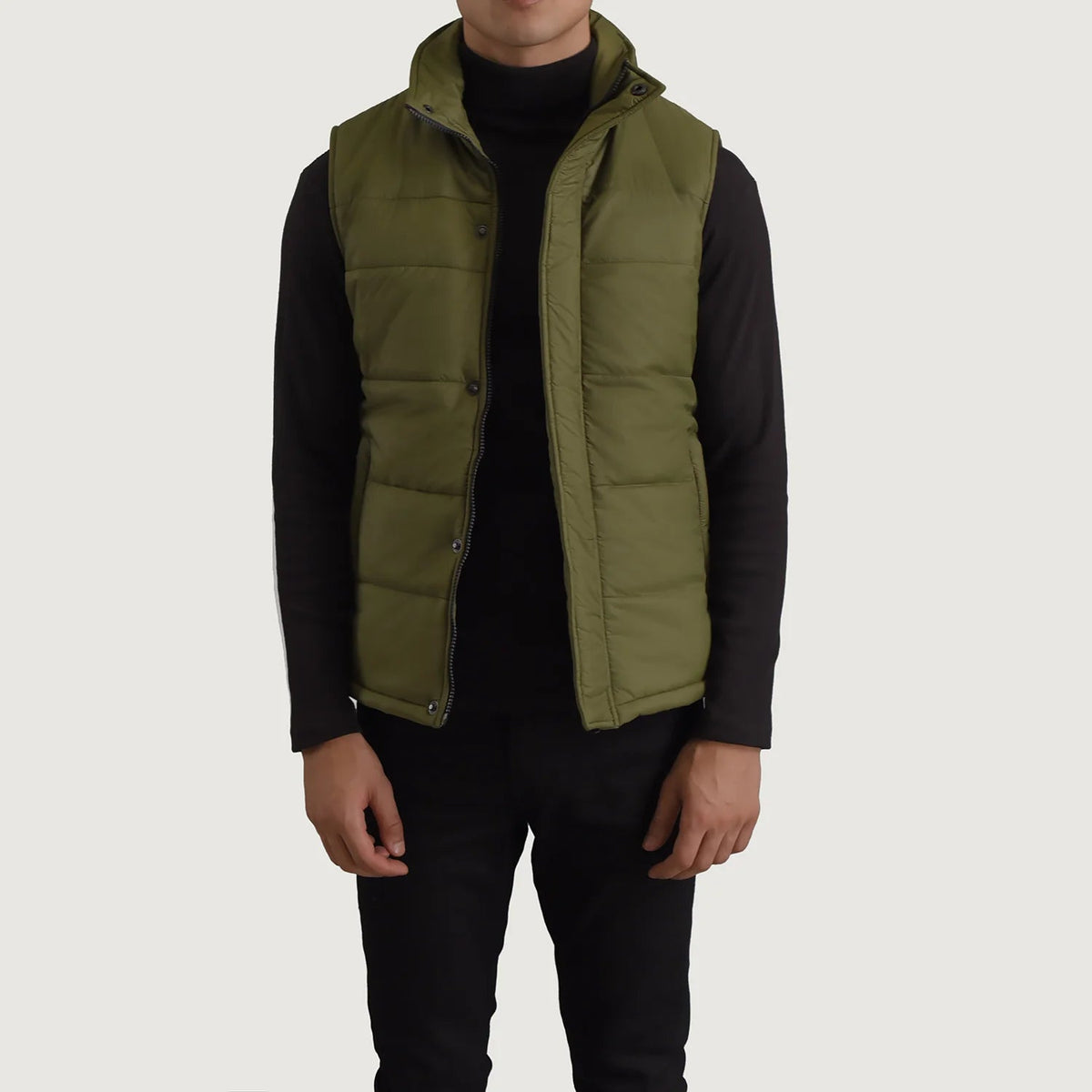 Bryan Green Puffer Vest 男士 in Green Full-Grain Leather - Front Profile View &amp; Tailored Silhouette | Buy Online