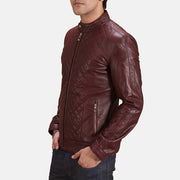 
Maroon Sheepskin Leather Biker Jacket - 展现肩线贴合与利落下摆的背部视角