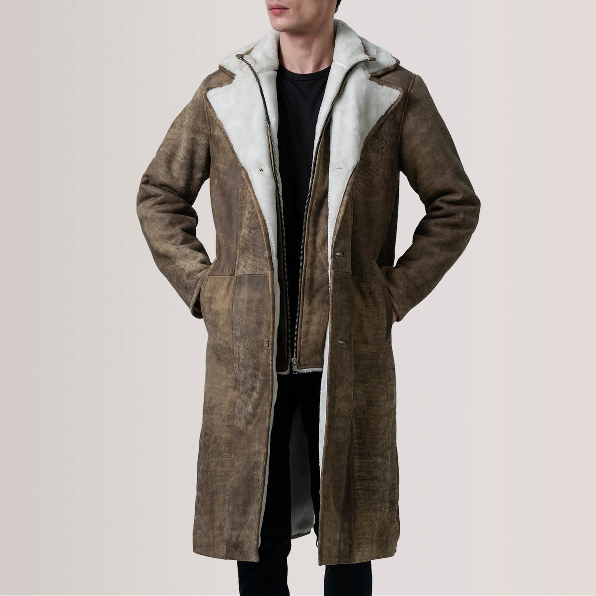 Cai Distressed 棕色 Leather Shearling 真皮大衣 男士 For Men in Distressed Brown Sheepskin Snuffed - Front Profile View &amp; Tailored Silhouette | Buy Online