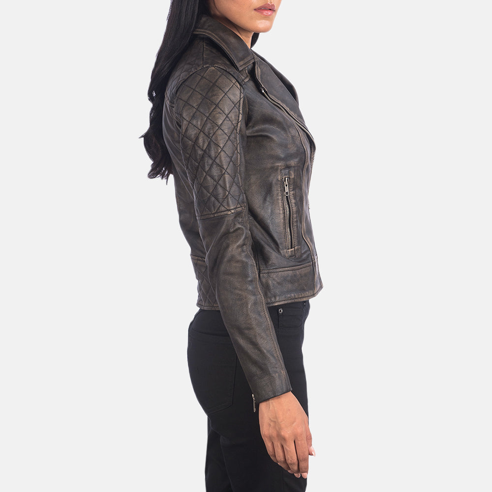 
Distressed Brown Goatskin Leather Biker Jacket - 展现肩线贴合与利落下摆的背部视角