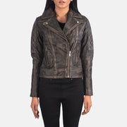 
细节特写 of Notch & Zipper Hardware on Carolyn Quilted Distressed Brown Biker Jacket
