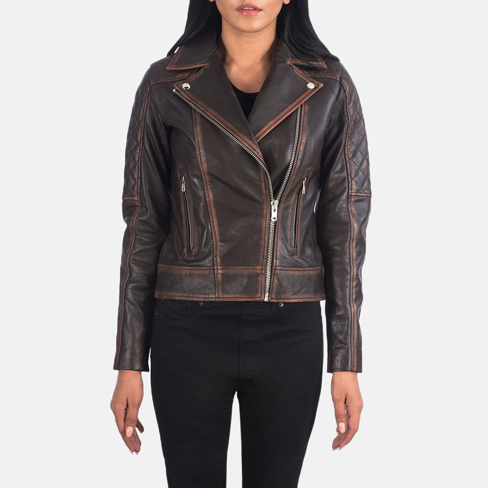 
Carolyn Quilted Vintage Brown Biker Jacket in Vintage Brown Goatskin Leather - 正面版型与定制立体剪裁轮廓 | 官方商城选购