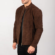 
Dark Brown Goatskin Suede Biker Jacket - 展现肩线贴合与利落下摆的背部视角
