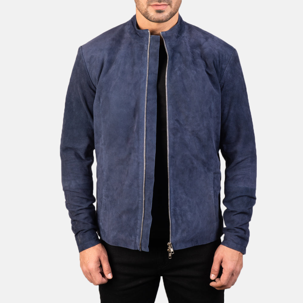 Men's Charcoal Navy 蓝色 Suede 真皮机车夹克 男士 in Navy Blue Goatskin Suede - Front Profile View &amp; Tailored Silhouette | Buy Online