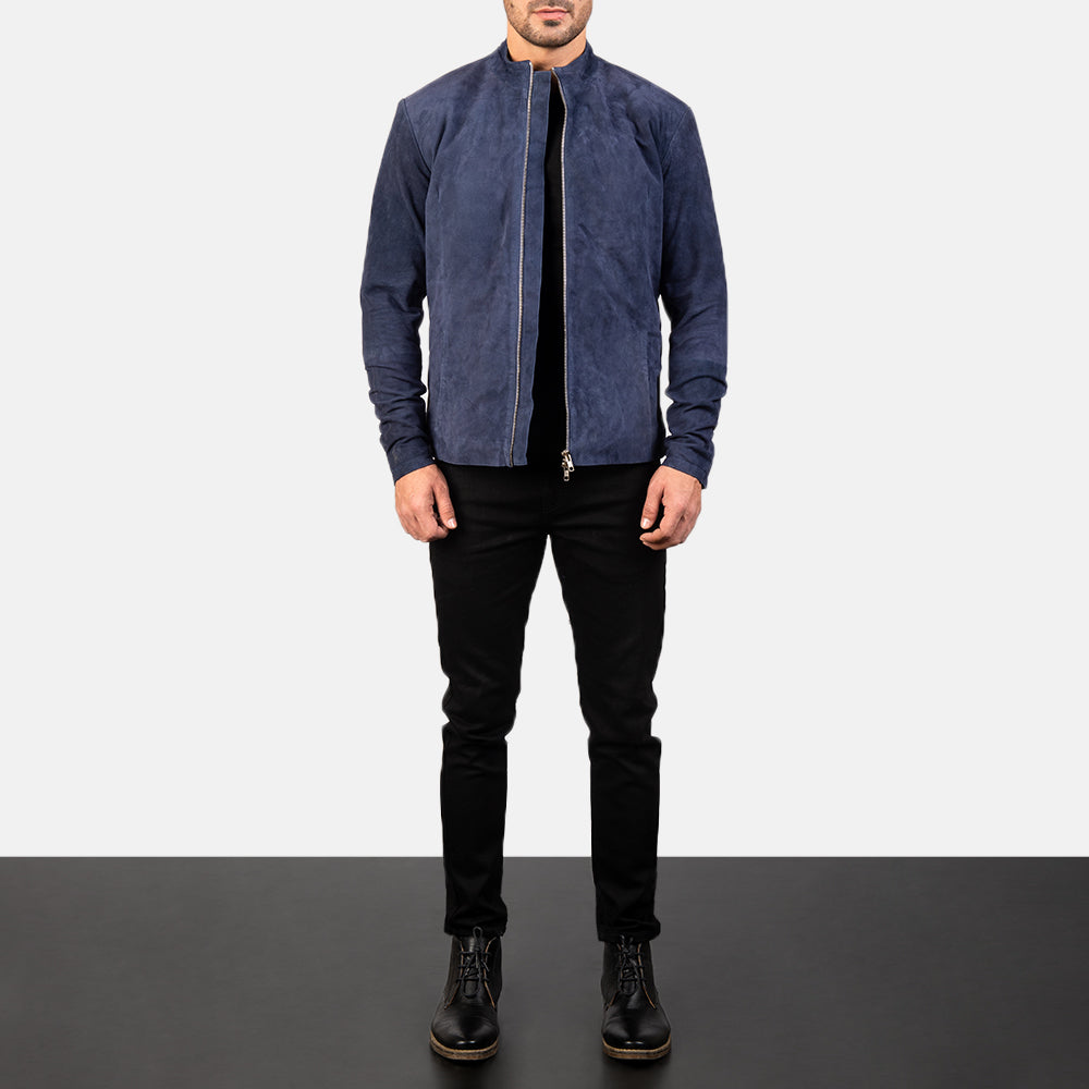 Men's Charcoal Navy 蓝色 Suede 真皮机车夹克 男士 - Lateral Side Profile View Showing Sleeve Cut &amp; Athletic Taper Fit