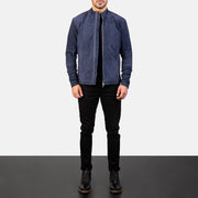 Men's Charcoal Navy 蓝色 Suede 真皮机车夹克 男士 - Lateral Side Profile View Showing Sleeve Cut &amp; Athletic Taper Fit