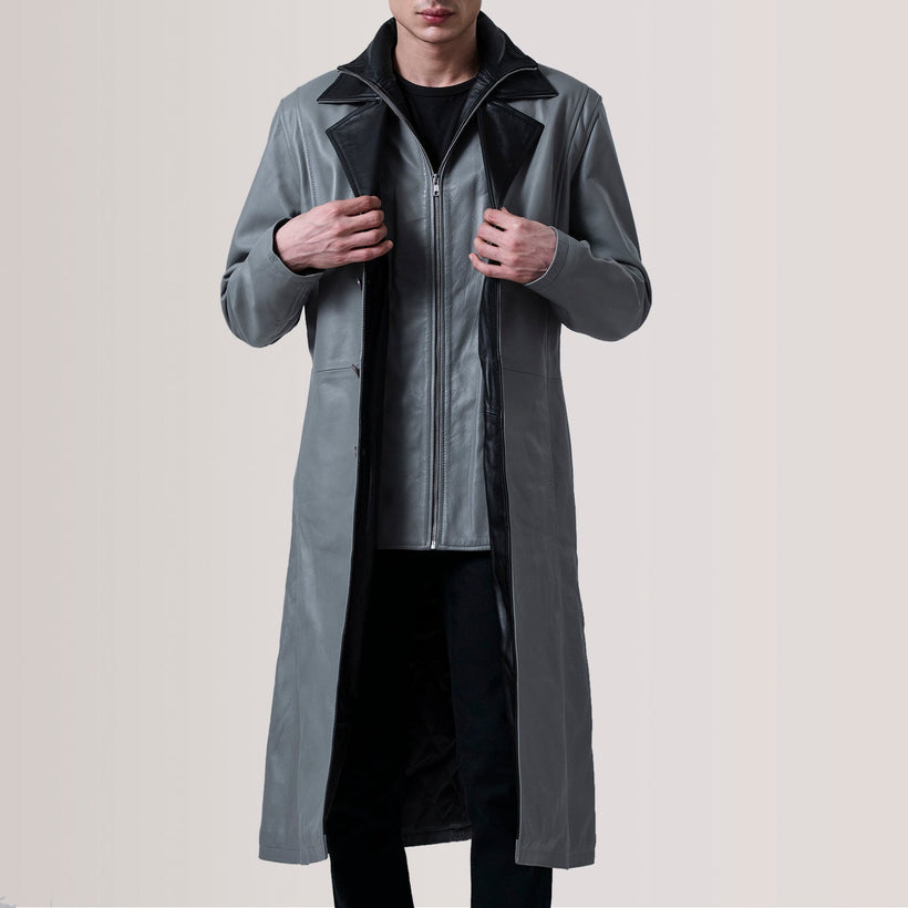 Charlton Grey Leather Single Breasted 真皮大衣 男士