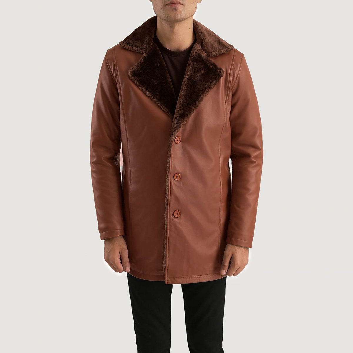 Men's Cinnamon 棕色 Leather Fur 真皮大衣 男士 in Brown Sheepskin Burnishing - Front Profile View &amp; Tailored Silhouette | Buy Online