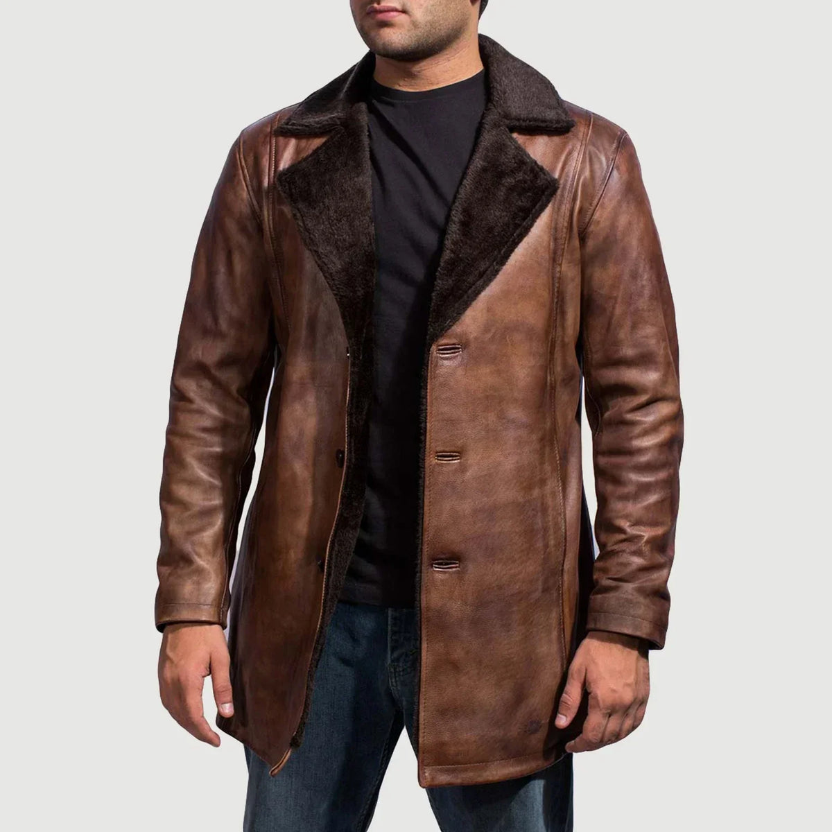 
Cinnamon Distressed Leather Fur 真皮大衣 男士 in Distressed Brown Sheepskin Burnishing - 正面版型与定制立体剪裁轮廓 | 官方商城选购