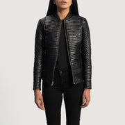 Women's Cityscape 黑色 真皮机车夹克 女士 - Lateral Side Profile View Showing Sleeve Cut &amp; Athletic Taper Fit