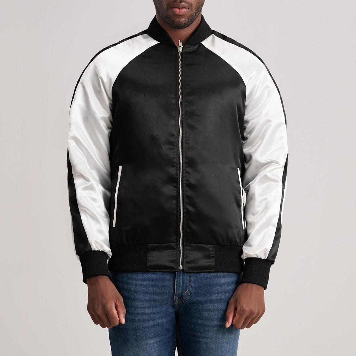 Clarke 黑色 Varsity 真皮夹克 男士 in Black &amp; White Satin - Front Profile View &amp; Tailored Silhouette | Buy Online