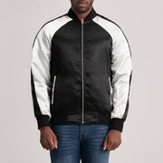 Clarke 黑色 Varsity 真皮夹克 男士 in Black &amp; White Satin - Front Profile View &amp; Tailored Silhouette | Buy Online