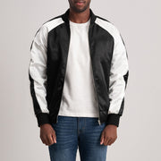 Clarke 黑色 Varsity 真皮夹克 男士 - Lateral Side Profile View Showing Sleeve Cut &amp; Athletic Taper Fit