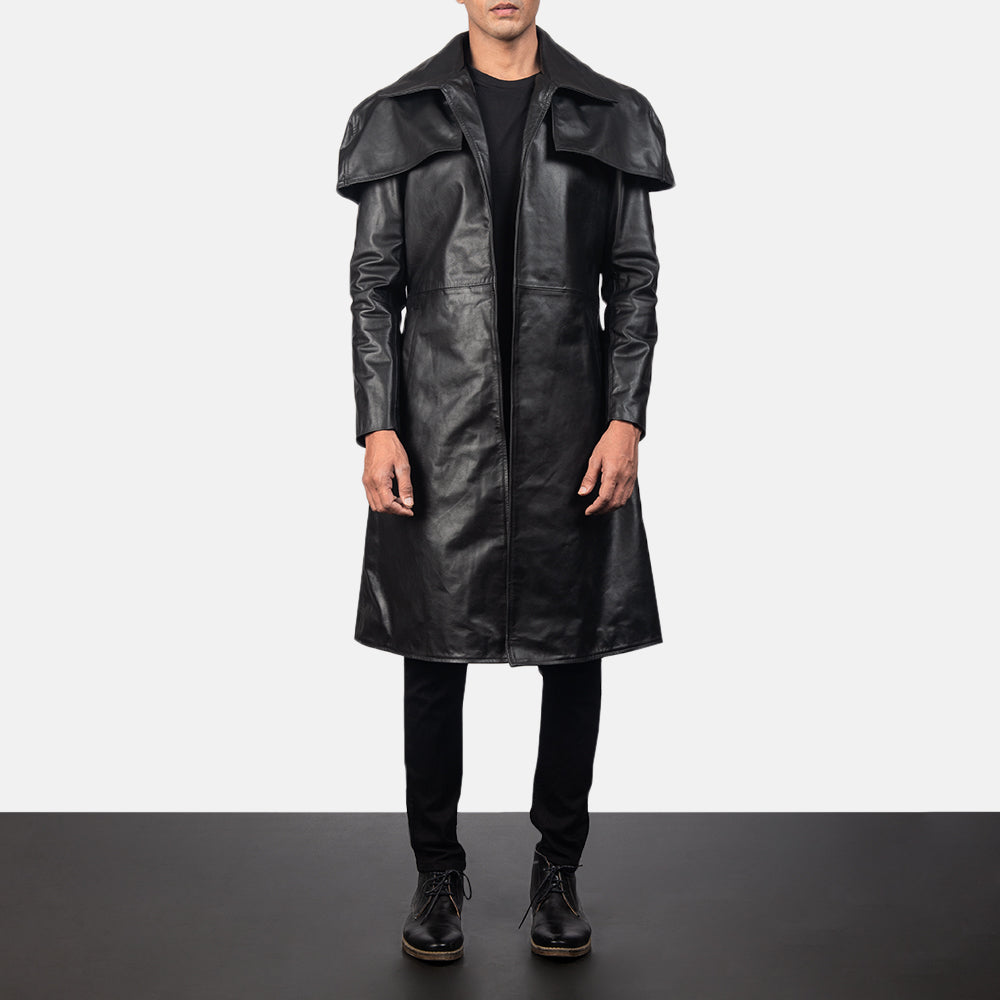 Men's Classic 黑色 Leather Duster 男士 in Black Cowhide Leather - Front Profile View &amp; Tailored Silhouette | Buy Online