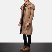 
Distressed Brown Sheepskin Snuffed Trench Coat - 展现肩线贴合与利落下摆的背部视角