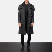 Men's Classic Distressed 黑色 Leather Duster 男士 in Distressed Black Sheepskin Snuffed - Front Profile View &amp; Tailored Silhouette | Buy Online