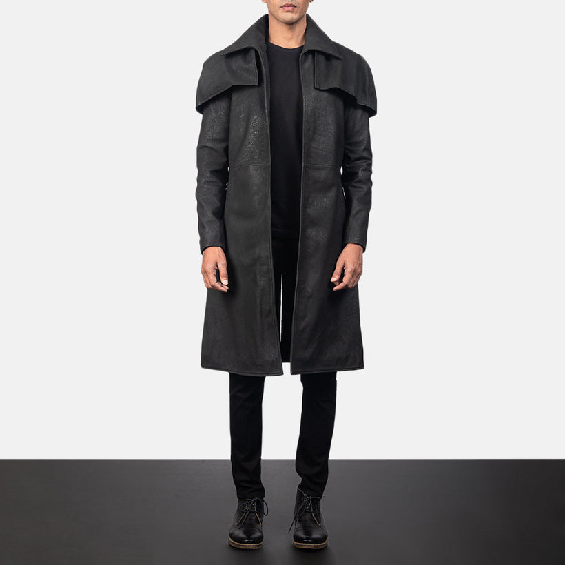 Classic Distressed 黑色 Leather Duster 男士