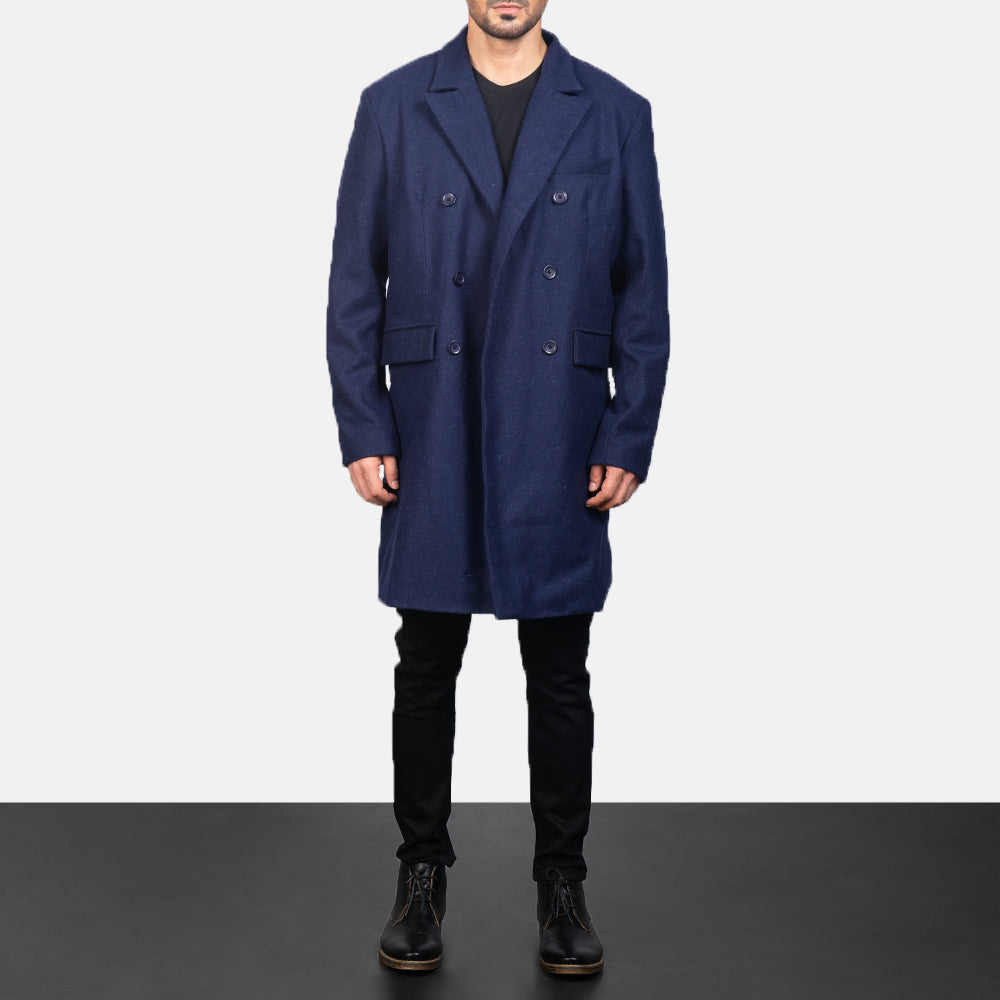 
Blue Wool Double Breasted Coat in Navy Blue Synthetic Wool - 正面版型与定制立体剪裁轮廓 | 官方商城选购