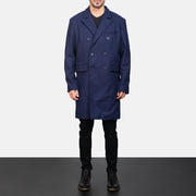 
Blue Wool Double Breasted Coat - 展现立体袖型与合身版型的侧身视角