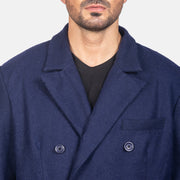 
细节特写 of Notch & Button Hardware on Blue Wool Double Breasted Coat