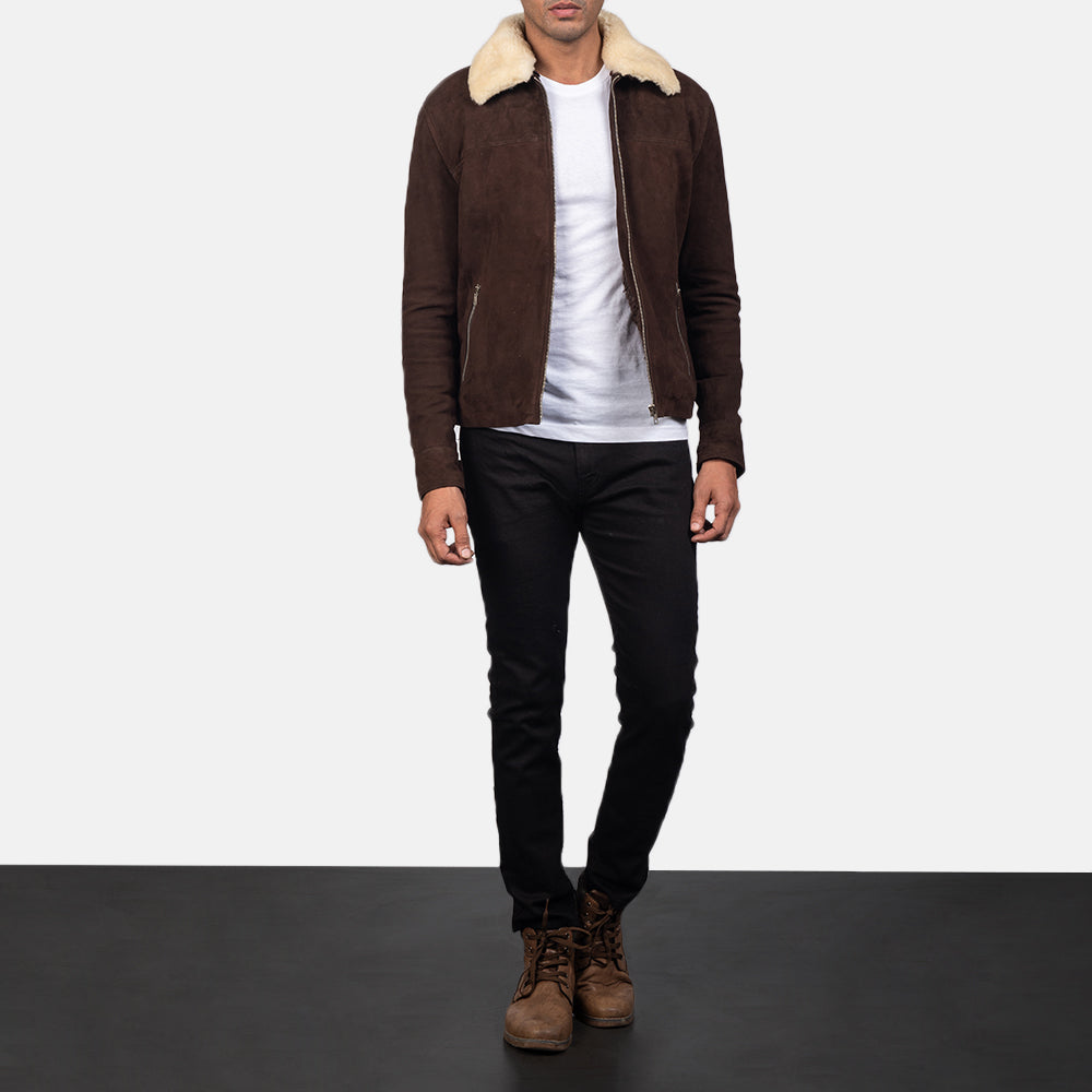 Men's Coffner 棕色 Shearling Fur 真皮夹克 男士 - Lateral Side Profile View Showing Sleeve Cut &amp; Athletic Taper Fit