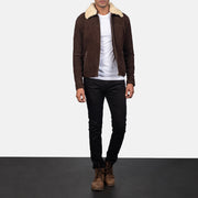 Men's Coffner 棕色 Shearling Fur 真皮夹克 男士 - Lateral Side Profile View Showing Sleeve Cut &amp; Athletic Taper Fit