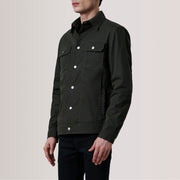 Colberto Olive Waxed Canvas Trucker 真皮夹克 男士 For Men - Lateral Side Profile View Showing Sleeve Cut &amp; Athletic Taper Fit
