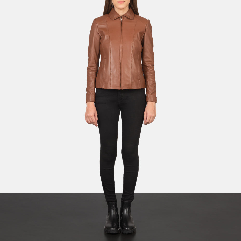 Women Colette 棕色 真皮夹克 女士 - Lateral Side Profile View Showing Sleeve Cut &amp; Athletic Taper Fit