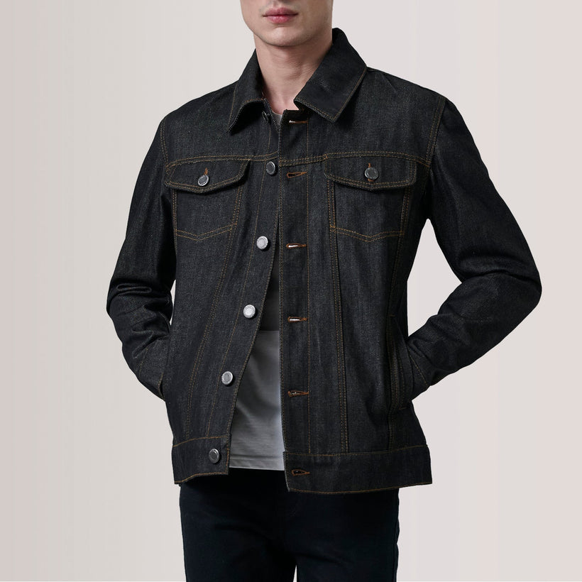 Conard Faded 黑色 Denim Trucker 真皮夹克 男士