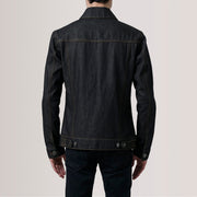 
细节特写 of Classic Collar & Heavy-Duty Zipper Hardware on Conard Faded 经典黑 Denim Trucker 真皮夹克 男士 For Men