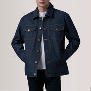 
Conard Ash Grey Denim Trucker Jacket For Men in Indigo Blue Full-Grain Leather - 正面版型与定制立体剪裁轮廓 | 官方商城选购