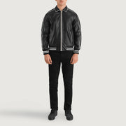 Cooper 黑色 Leather Varsity 真皮夹克 男士 - Lateral Side Profile View Showing Sleeve Cut &amp; Athletic Taper Fit
