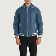Close-Up Detail of Shirt collar &amp; Zipper Hardware on Cooper Blue Leather Varsity 真皮夹克 男士