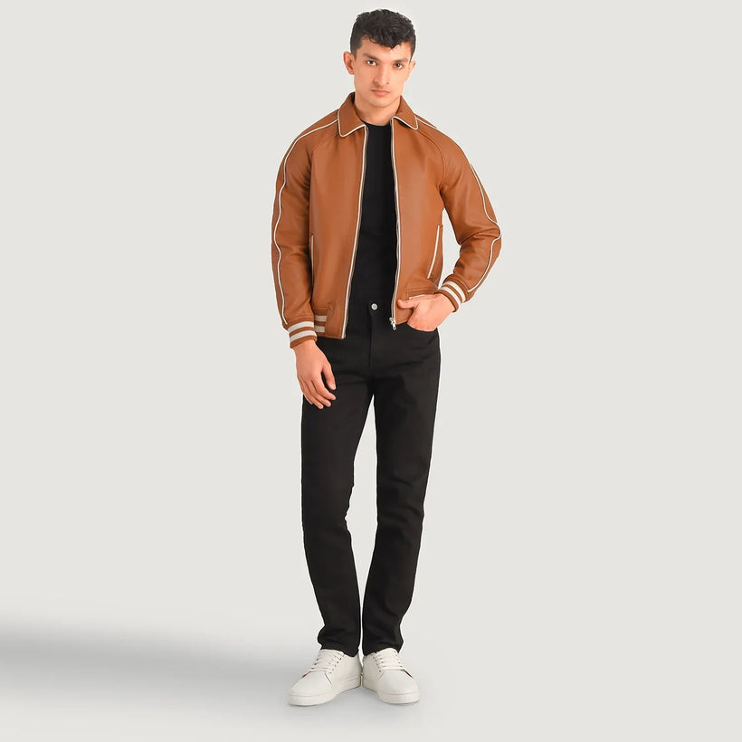 Cooper 浅棕褐色 复古棕 Leather Varsity 真皮夹克 男士