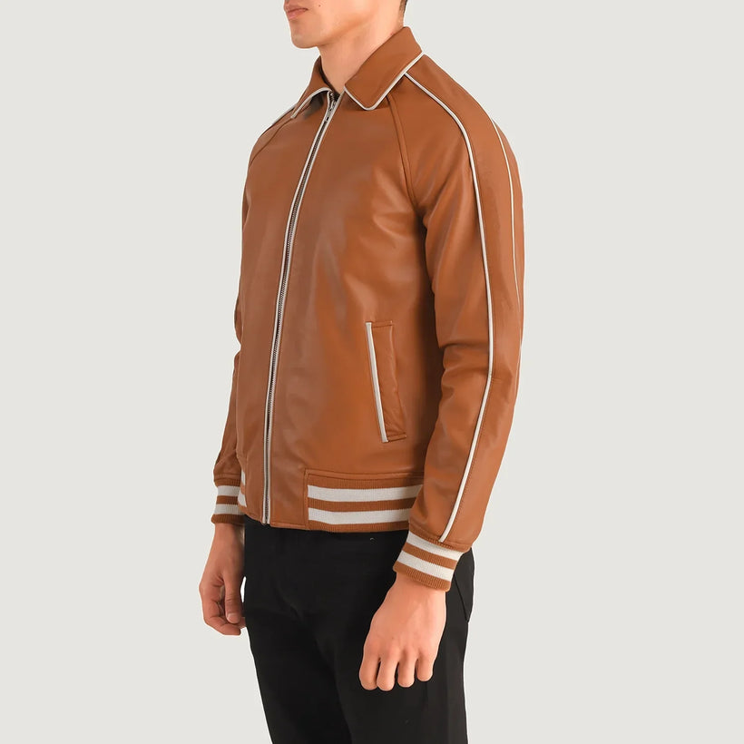 Cooper 浅棕褐色 复古棕 Leather Varsity 真皮夹克 男士
