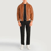 Cooper 浅褐色 棕色 Leather Varsity 真皮夹克 男士 - Lateral Side Profile View Showing Sleeve Cut &amp; Athletic Taper Fit