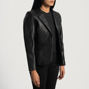 Women's Cora Quilted 黑色 真皮西装外套 女士 - Lateral Side Profile View Showing Sleeve Cut &amp; Athletic Taper Fit