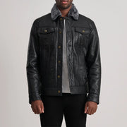 
Dallis 经典黑 Leather Shearling Trucker 真皮夹克 男士 in Black Sheepskin Leather - 正面版型与定制立体剪裁轮廓 | 官方商城选购