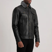 
Black Sheepskin Leather Aviator Jacket - 展现肩线贴合与利落下摆的背部视角