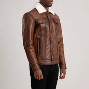 
Waxed Brown Sheepskin Leather Aviator Jacket - 展现肩线贴合与利落下摆的背部视角