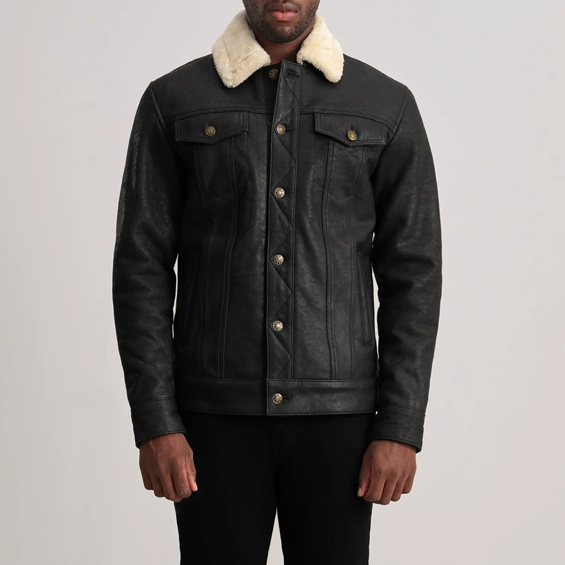 Dallis Distressed 经典黑 Leather Shearling Trucker 真皮夹克 男士