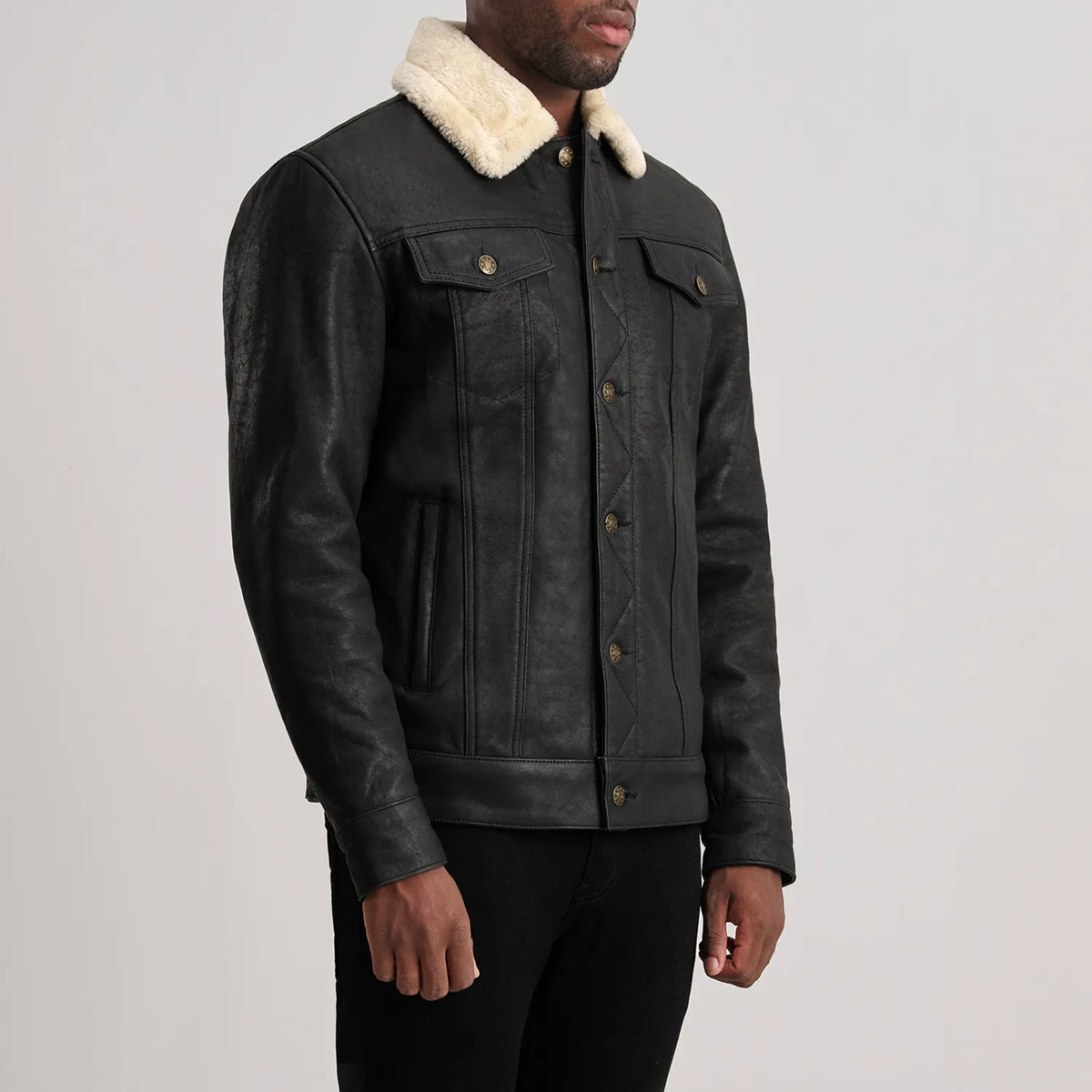 
Distressed Black Sheepskin Snuffed Aviator Jacket - 展现肩线贴合与利落下摆的背部视角