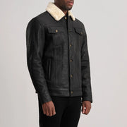 
Distressed Black Sheepskin Snuffed Aviator Jacket - 展现肩线贴合与利落下摆的背部视角