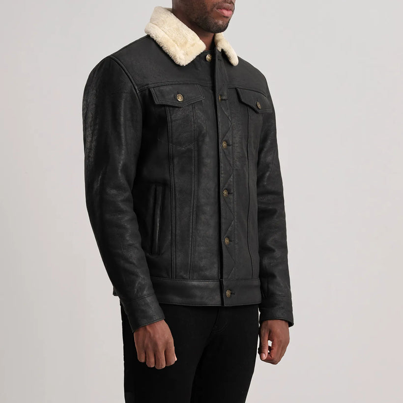 Dallis Distressed 经典黑 Leather Shearling Trucker 真皮夹克 男士
