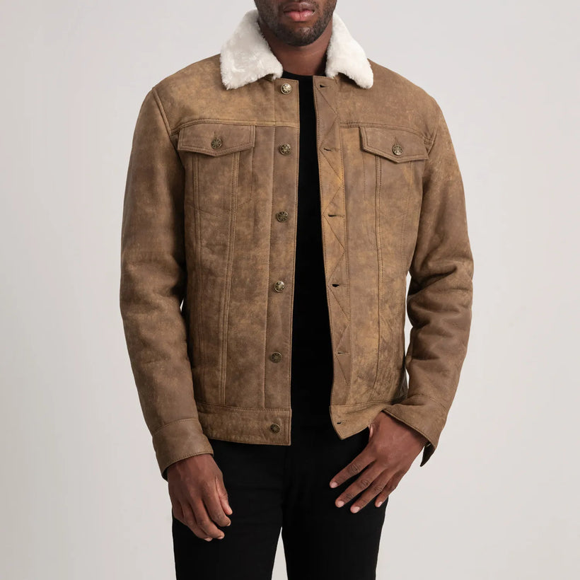 Dallis Distressed 复古棕 Leather Shearling Trucker 真皮夹克 男士