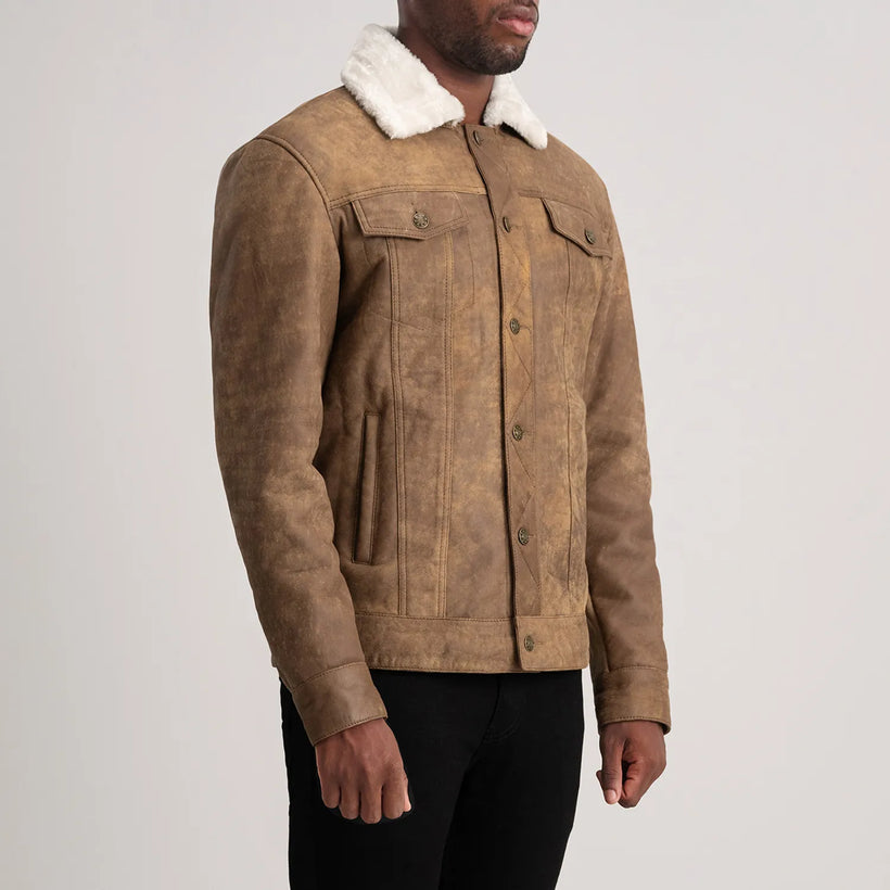 Dallis Distressed 复古棕 Leather Shearling Trucker 真皮夹克 男士