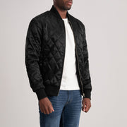 Danson Quilted 黑色 Varsity 真皮夹克 男士 - Lateral Side Profile View Showing Sleeve Cut &amp; Athletic Taper Fit