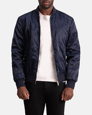 Danson Quilted Blue Varsity 真皮夹克 男士 - Lateral Side Profile View Showing Sleeve Cut &amp; Athletic Taper Fit