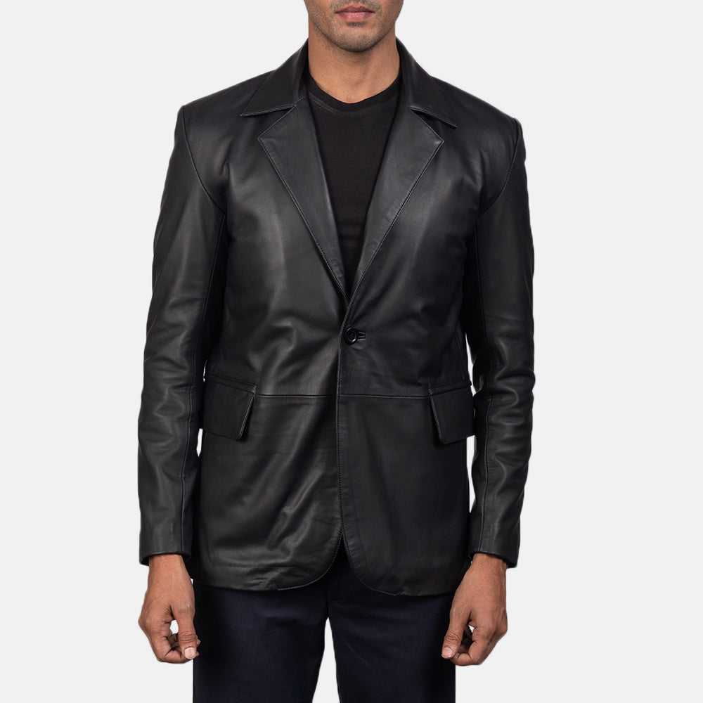 Men's Daron 黑色 真皮西装外套 男士 in Black Sheepskin Leather - Front Profile View &amp; Tailored Silhouette | Buy Online