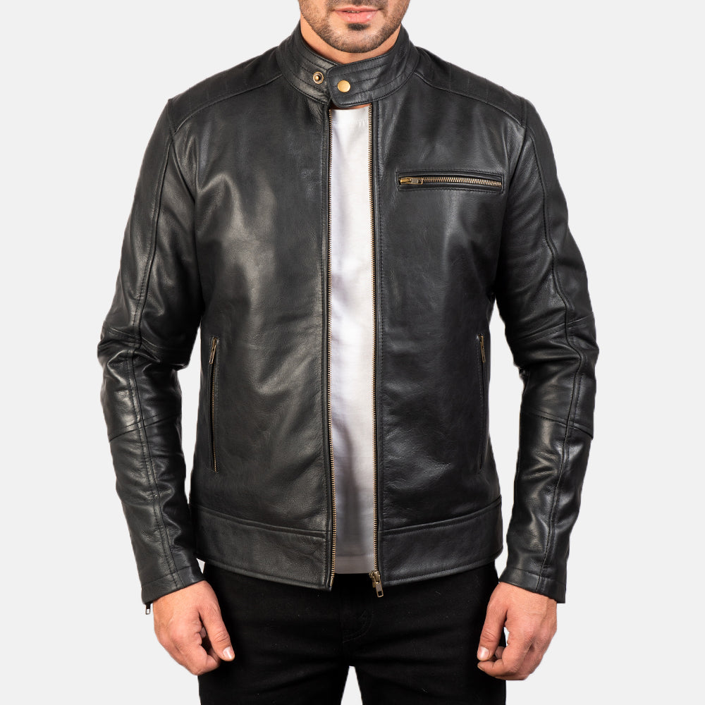 Dean 黑色 真皮机车夹克 男士 in Black Cow Hide Leather - Front Profile View &amp; Tailored Silhouette | Buy Online